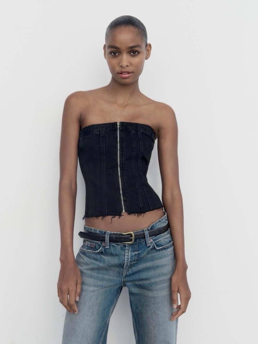 ZARA | Black Strapless Denim Zip-Front Strapless Top